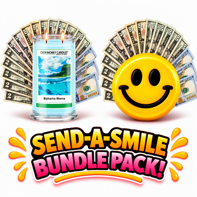 Send-A-Smile giant smiley cash wax melt paired with Bahama Mama Cash Money Candle