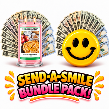 Send-A-Smile giant smiley cash wax melt paired with Baked Apple Pie Cash Money Candle