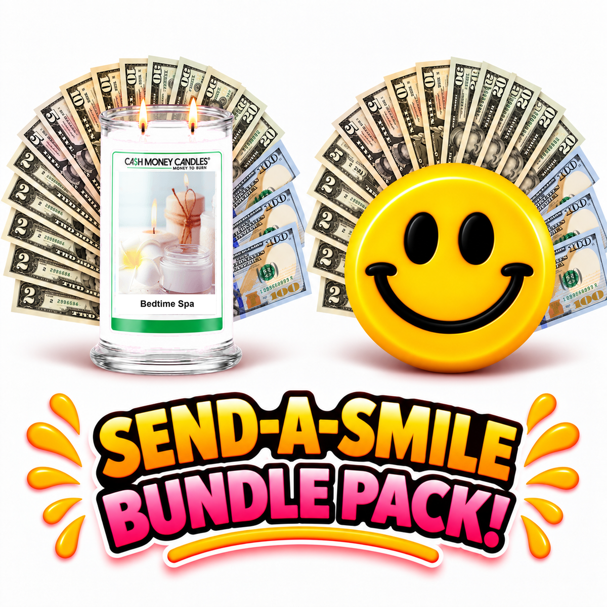 Send-A-Smile giant smiley cash wax melt paired with Bedtime Spa Cash Candle
