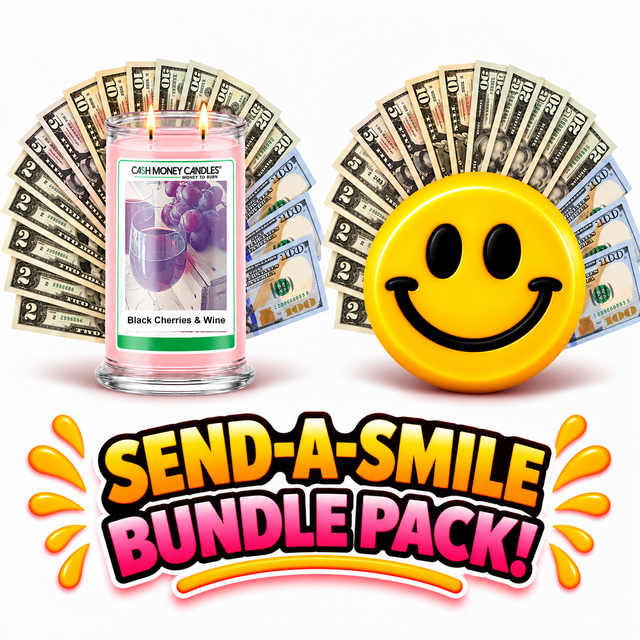 Send-A-Smile giant smiley cash wax melt paired with Black Cherries & Wine Cash Candle