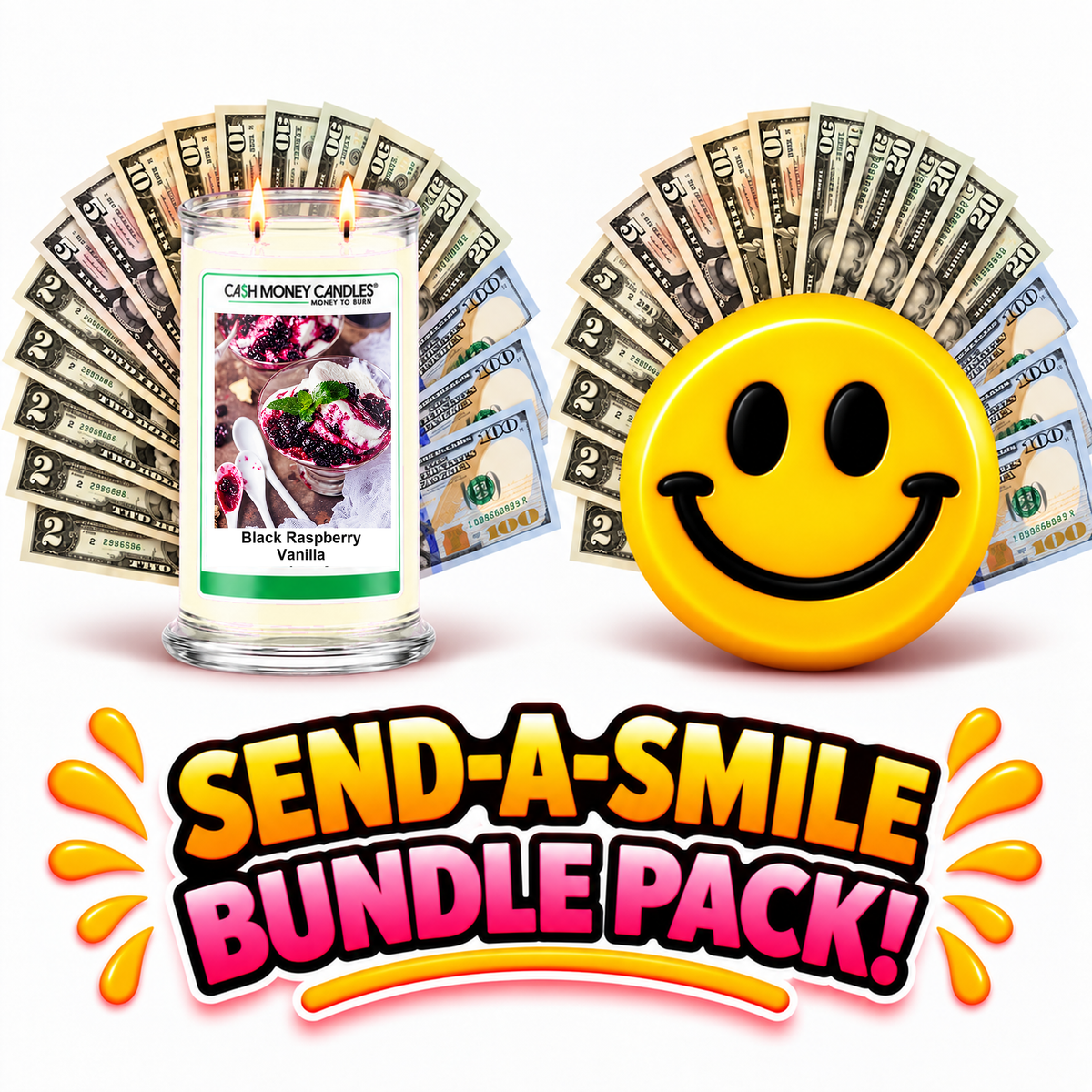 Send-A-Smile giant smiley cash wax melt paired with Black Raspberry Vanilla Cash Money Candle