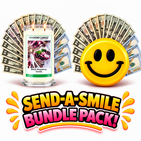 Send-A-Smile giant smiley cash wax melt paired with Black Raspberry Vanilla Cash Money Candle