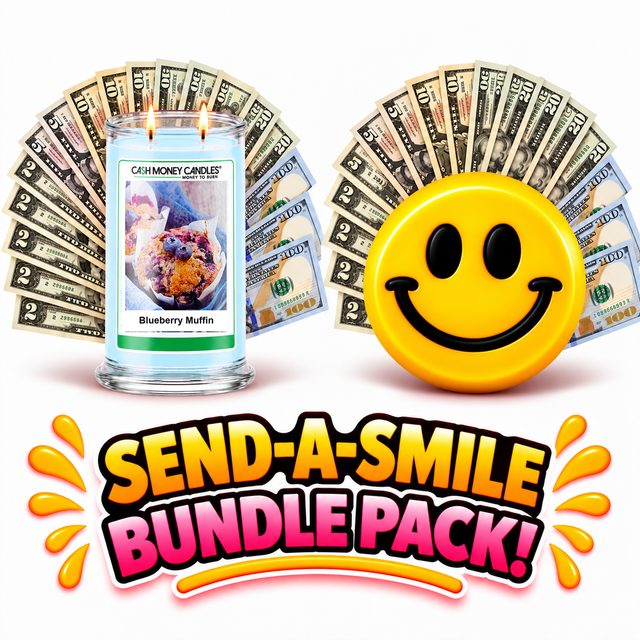 Send-A-Smile giant smiley cash wax melt paired with Blueberry Muffin Cash Money Candle