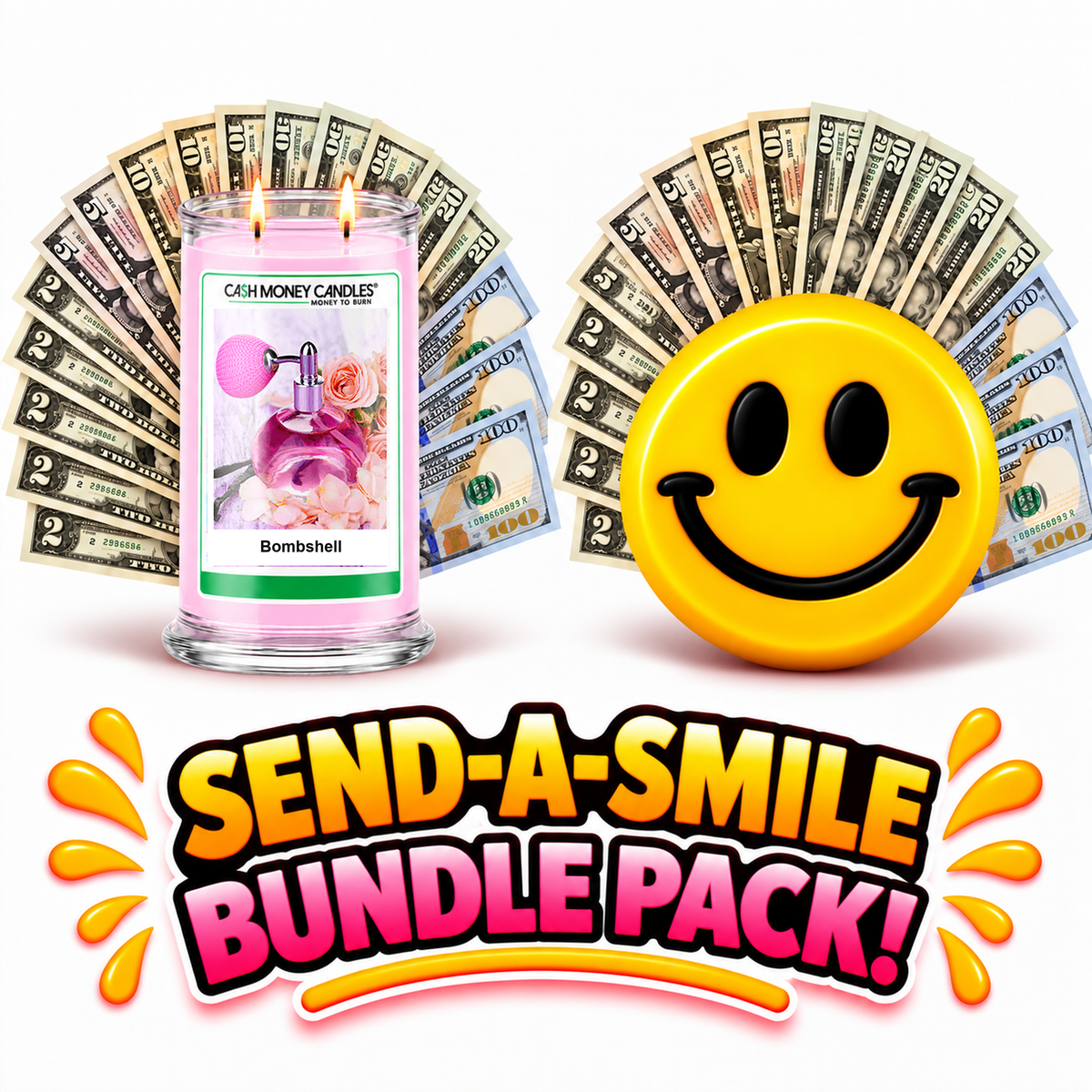 Send-A-Smile giant smiley cash wax melt paired with Bombshell Cash Money Candle
