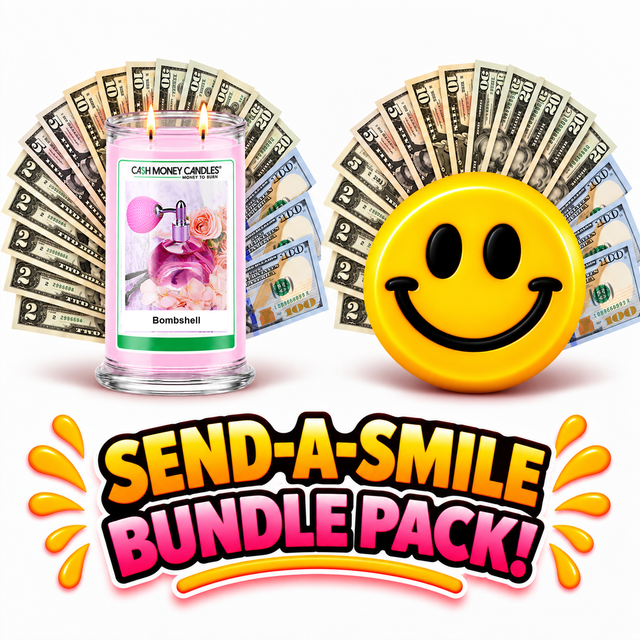Send-A-Smile giant smiley cash wax melt paired with Bombshell Cash Money Candle