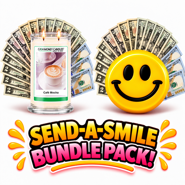 Send-A-Smile giant smiley cash wax melt paired with Café Mocha Cash Candle