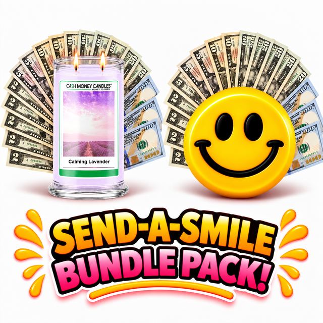 Send-A-Smile giant smiley cash wax melt paired with Calming Lavender Cash Candle