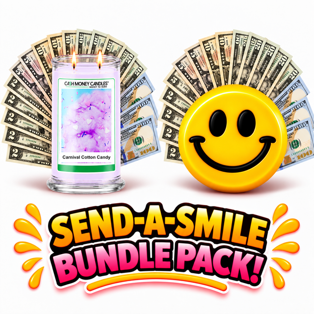 Send-A-Smile giant smiley cash wax melt paired with Carnival Cotton Candy Cash Money Candle
