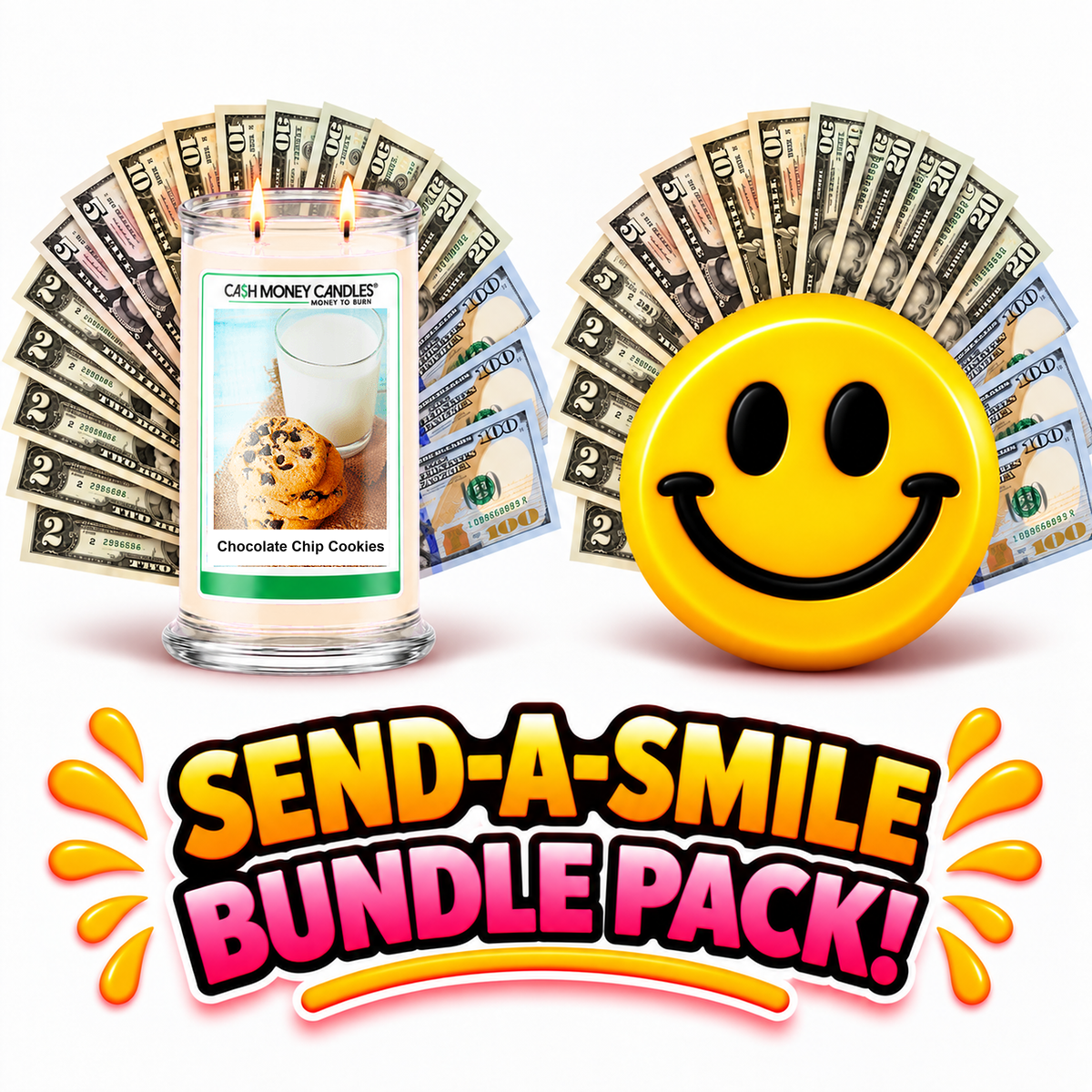 Send-A-Smile giant smiley cash wax melt paired with Chocolate Chip Cookies Cash Candle