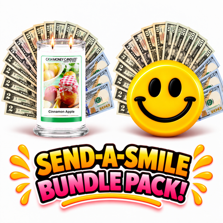 Send-A-Smile giant smiley cash wax melt paired with Cinnamon Apple Cash Money Candle