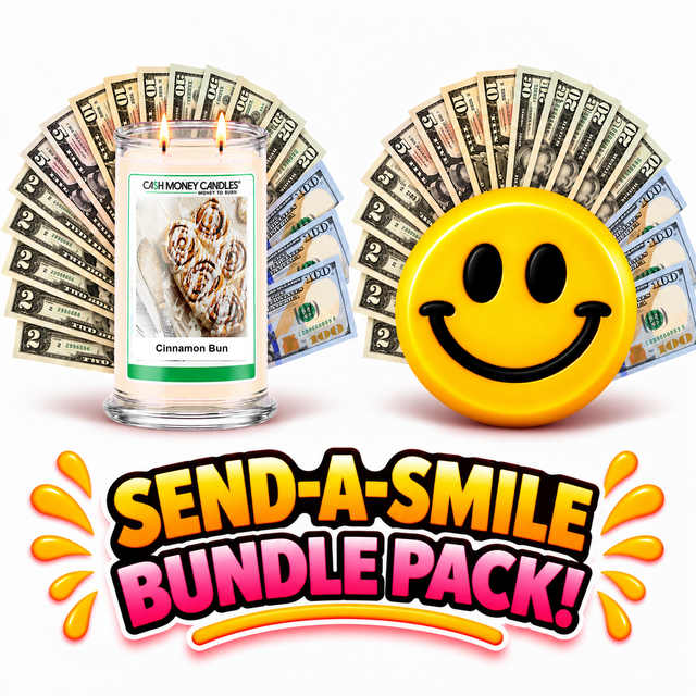 Send-A-Smile giant smiley cash wax melt paired with Cinnamon Bun Cash Candle