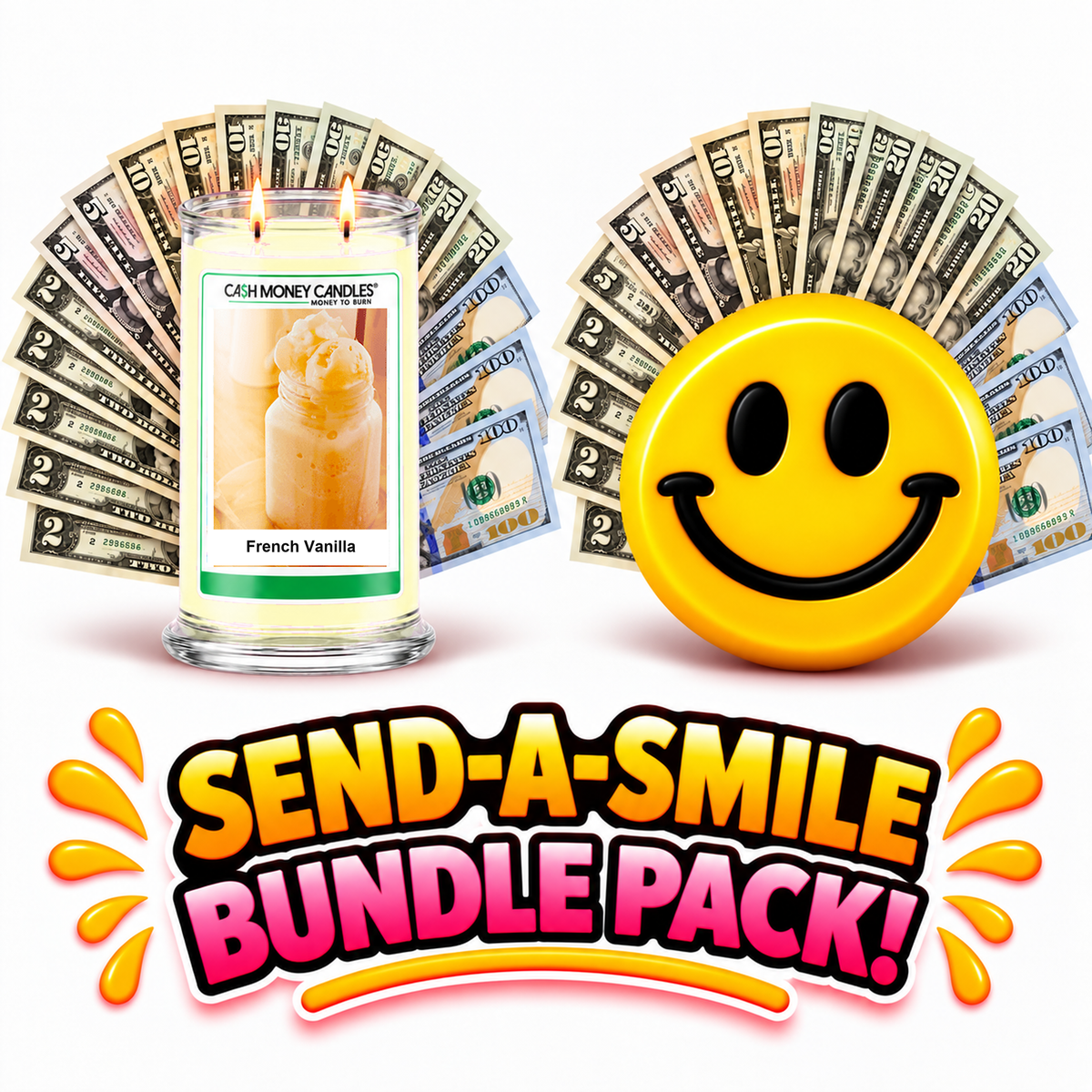 Send-A-Smile giant smiley cash wax melt paired with French Vanilla Cash Money Candle