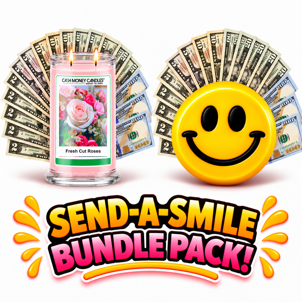 Send-A-Smile giant smiley cash wax melt paired with Fresh Cut Roses Cash Money Candle
