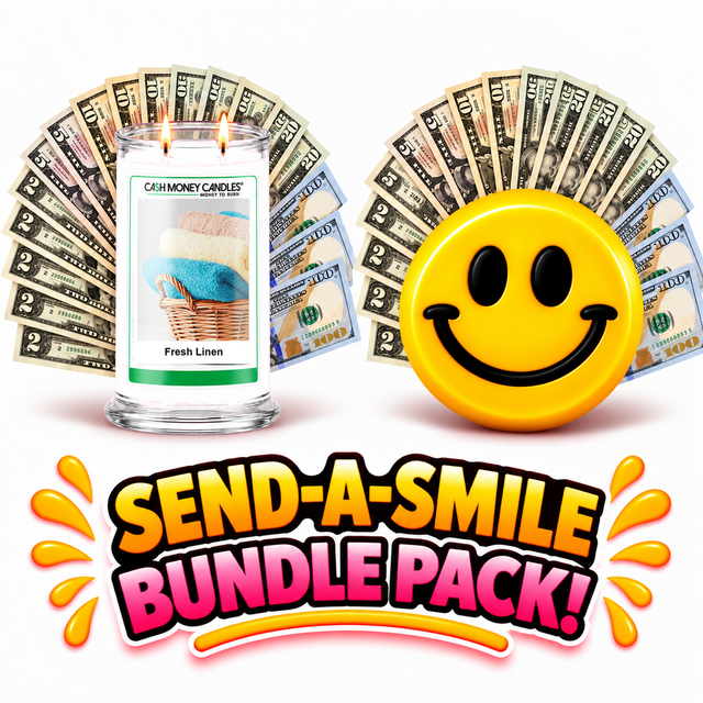 Send-A-Smile giant smiley cash wax melt paired with Fresh Linen Cash Money Candle