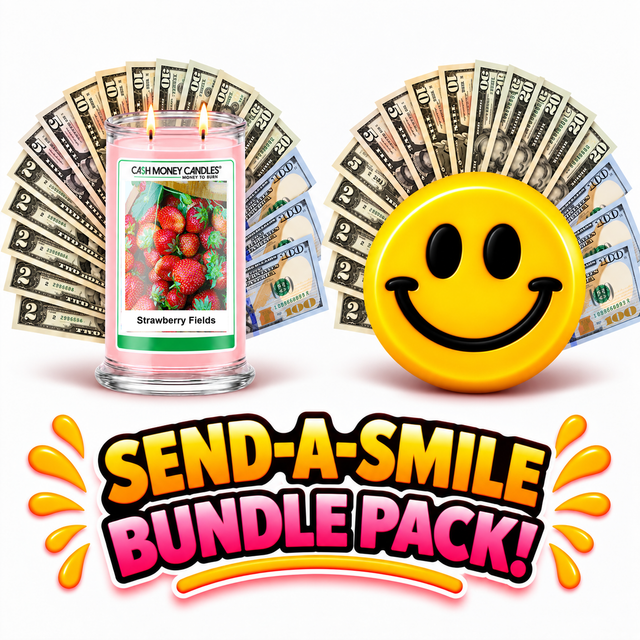 Send-A-Smile giant smiley cash wax melt paired with Strawberry Fields Cash Money Candle