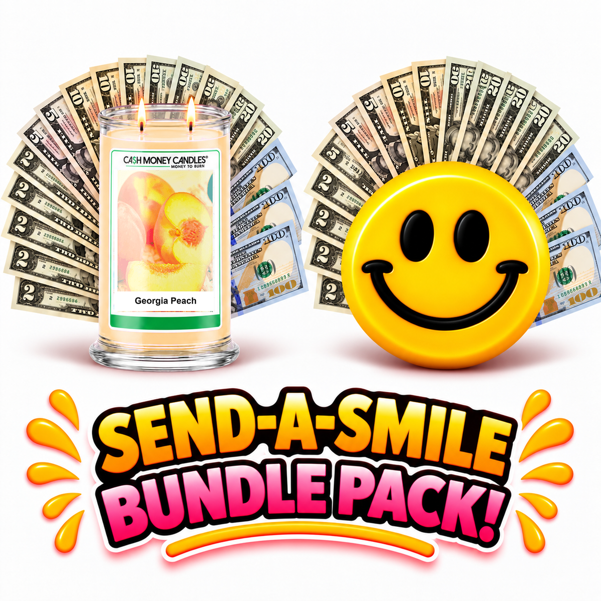 Send-A-Smile giant smiley cash wax melt paired with Georgia Peach Cash Money Candle