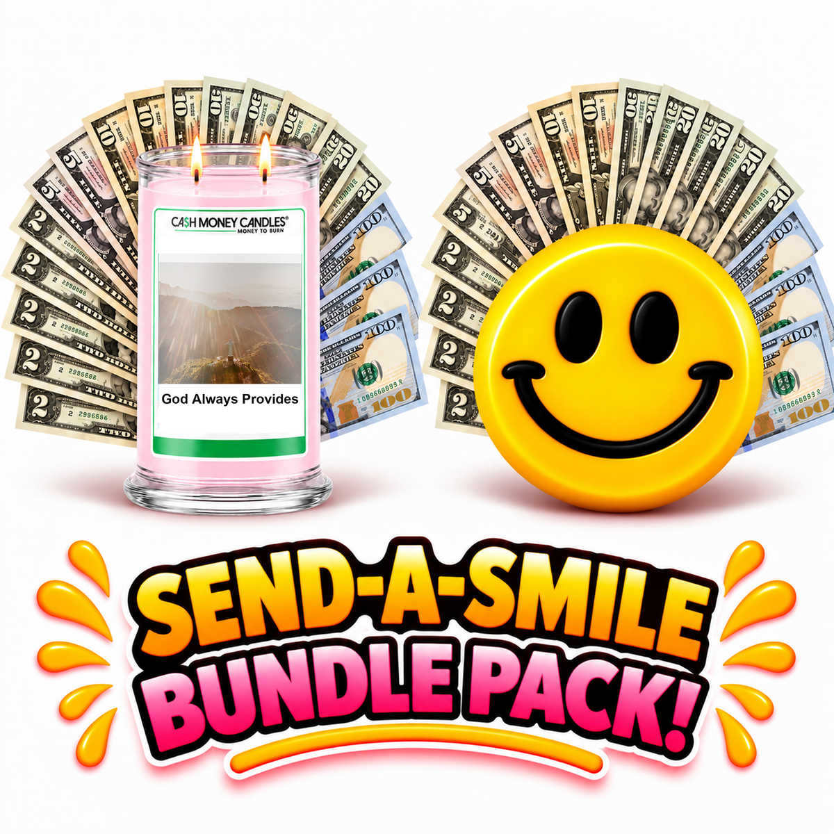 Send-A-Smile giant smiley cash wax melt paired with God Always Provides Cash Candle