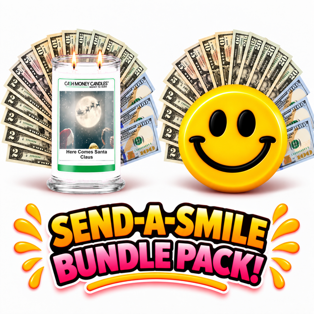 Send-A-Smile giant smiley cash wax melt paired with Here Comes Santa Claus Cash Money Candle