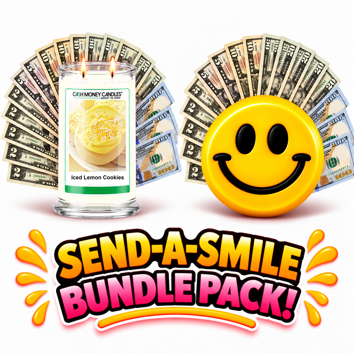 Send-A-Smile giant smiley cash wax melt paired with Iced Lemon Cookies Cash Money Candles