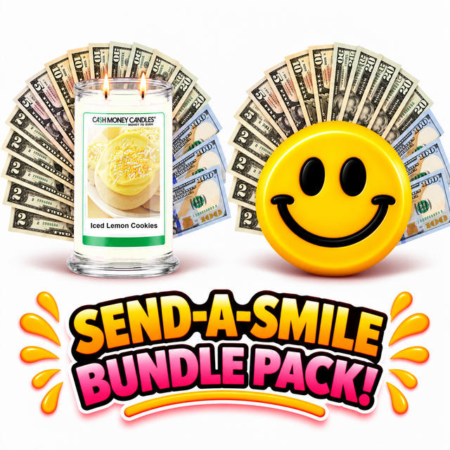 Send-A-Smile giant smiley cash wax melt paired with Iced Lemon Cookies Cash Money Candles