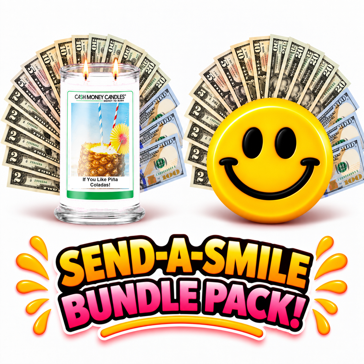 Send-A-Smile giant smiley cash wax melt paired with If You Like Piña Coladas! Cash Money Candle