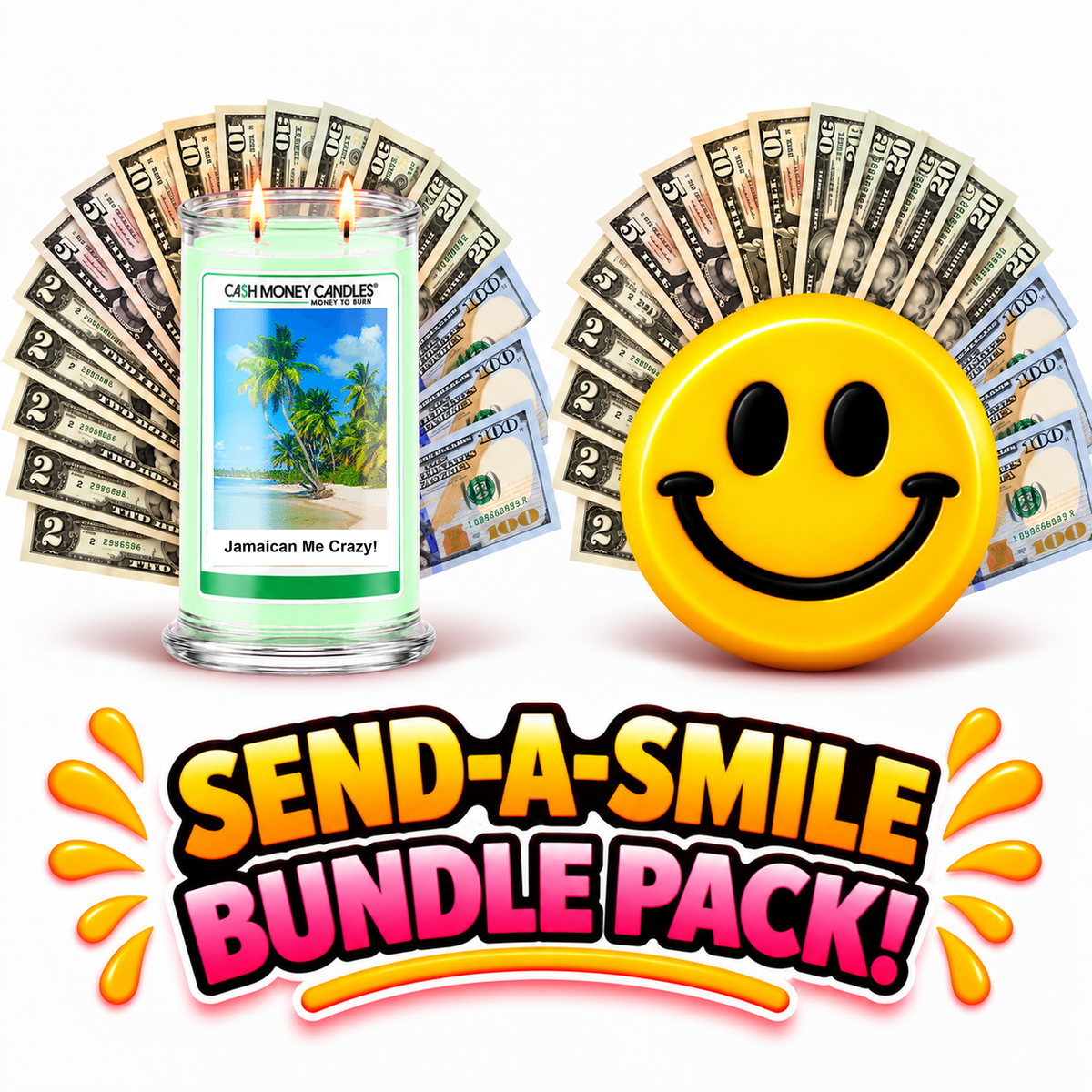 Send-A-Smile giant smiley cash wax melt paired with Jamaican Me Crazy! Cash Money Candle