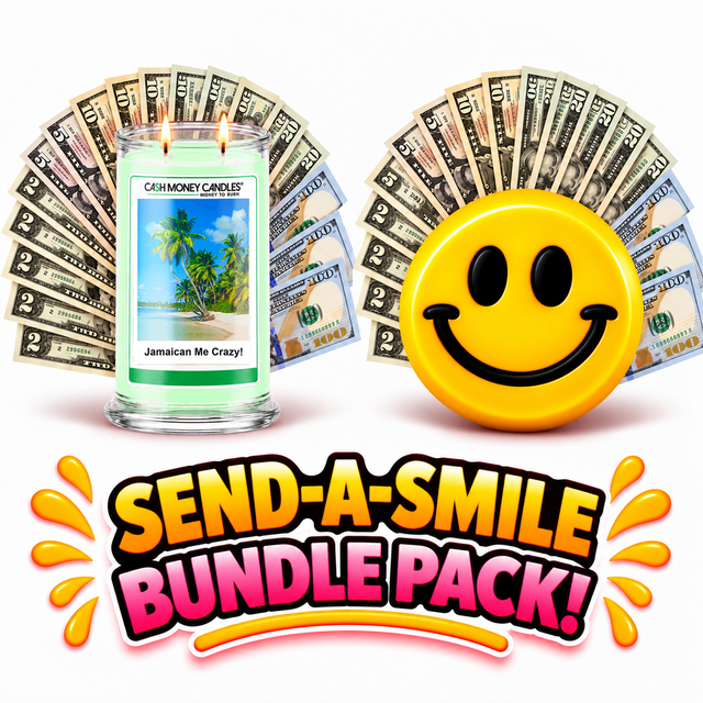 Send-A-Smile giant smiley cash wax melt paired with Jamaican Me Crazy! Cash Money Candle