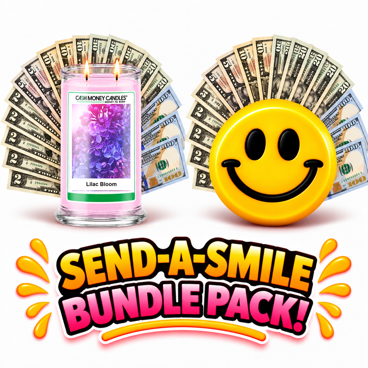 Send-A-Smile giant smiley cash wax melt paired with Lilac Bloom Cash Money Candle