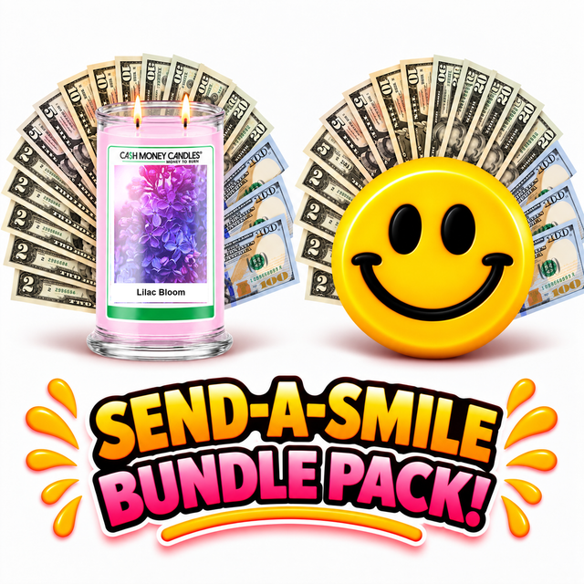 Send-A-Smile giant smiley cash wax melt paired with Lilac Bloom Cash Money Candle