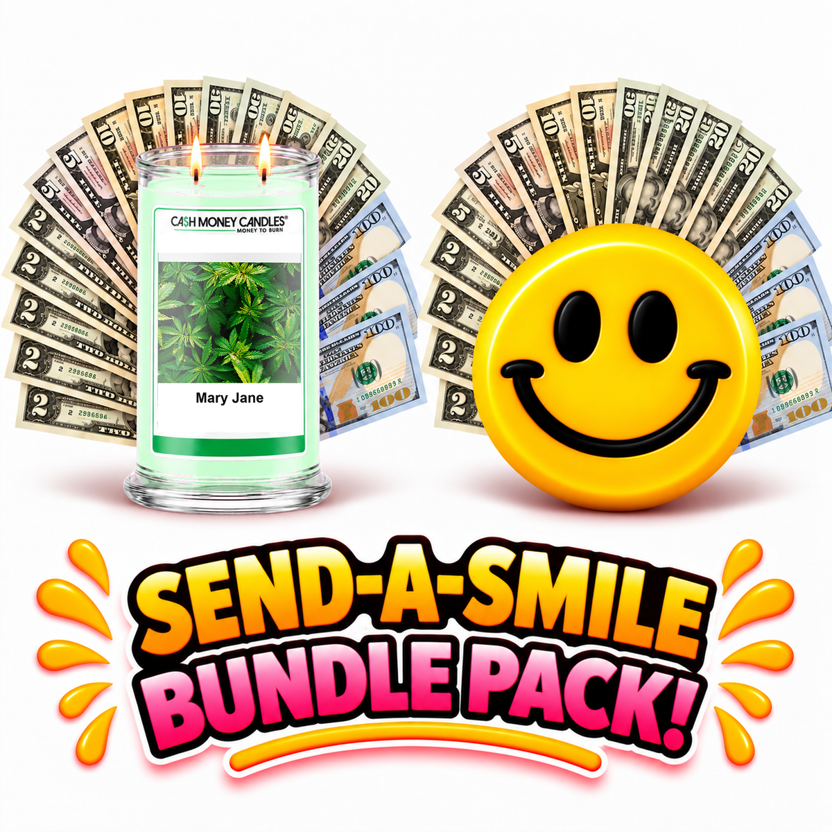 Send-A-Smile giant smiley cash wax melt paired with Mary Jane Cash Candle