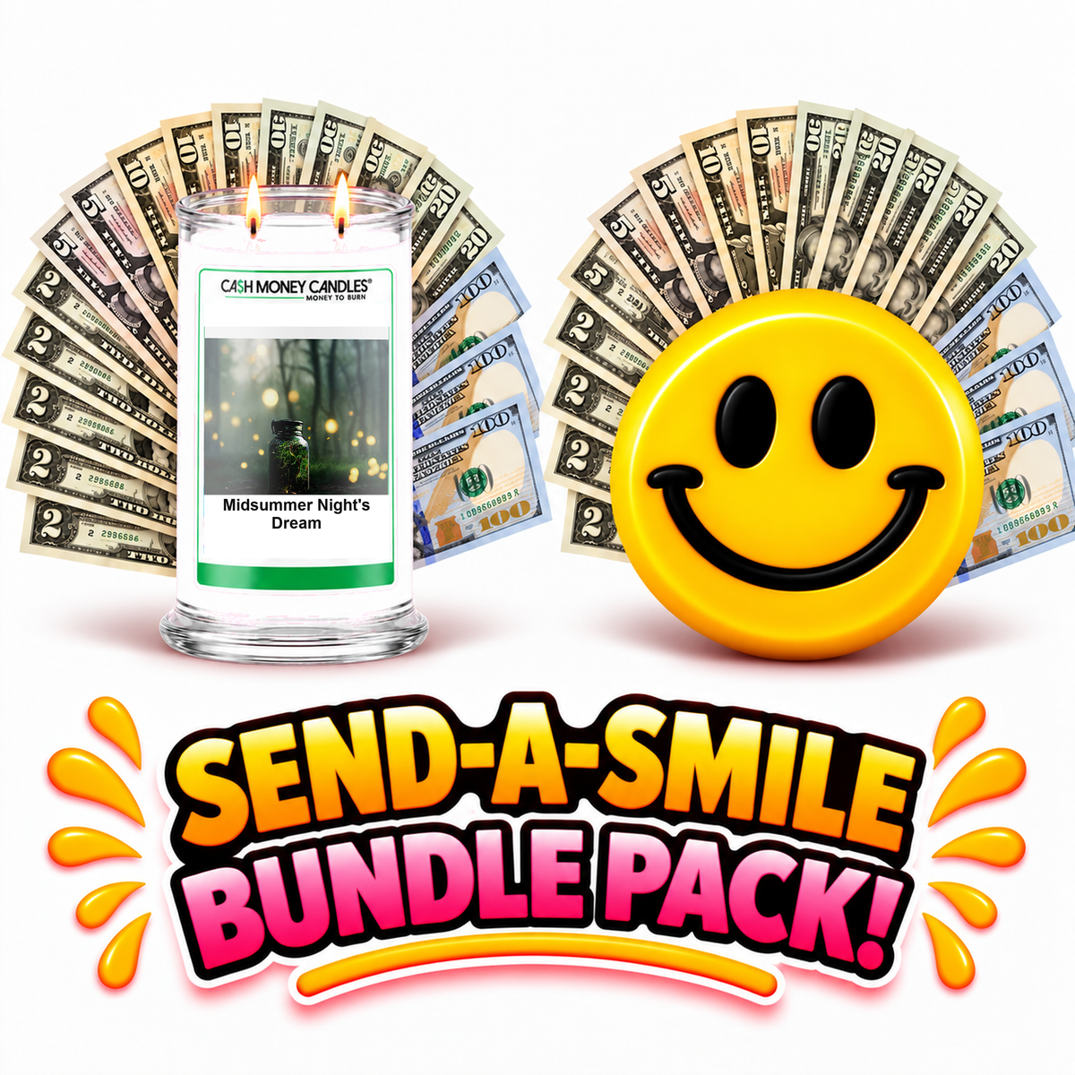 Send-A-Smile giant smiley cash wax melt paired with Midsummer Night's Dream Cash Candle