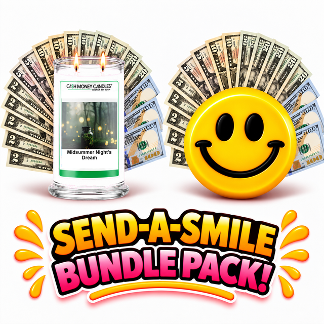 Send-A-Smile giant smiley cash wax melt paired with Midsummer Night's Dream Cash Candle