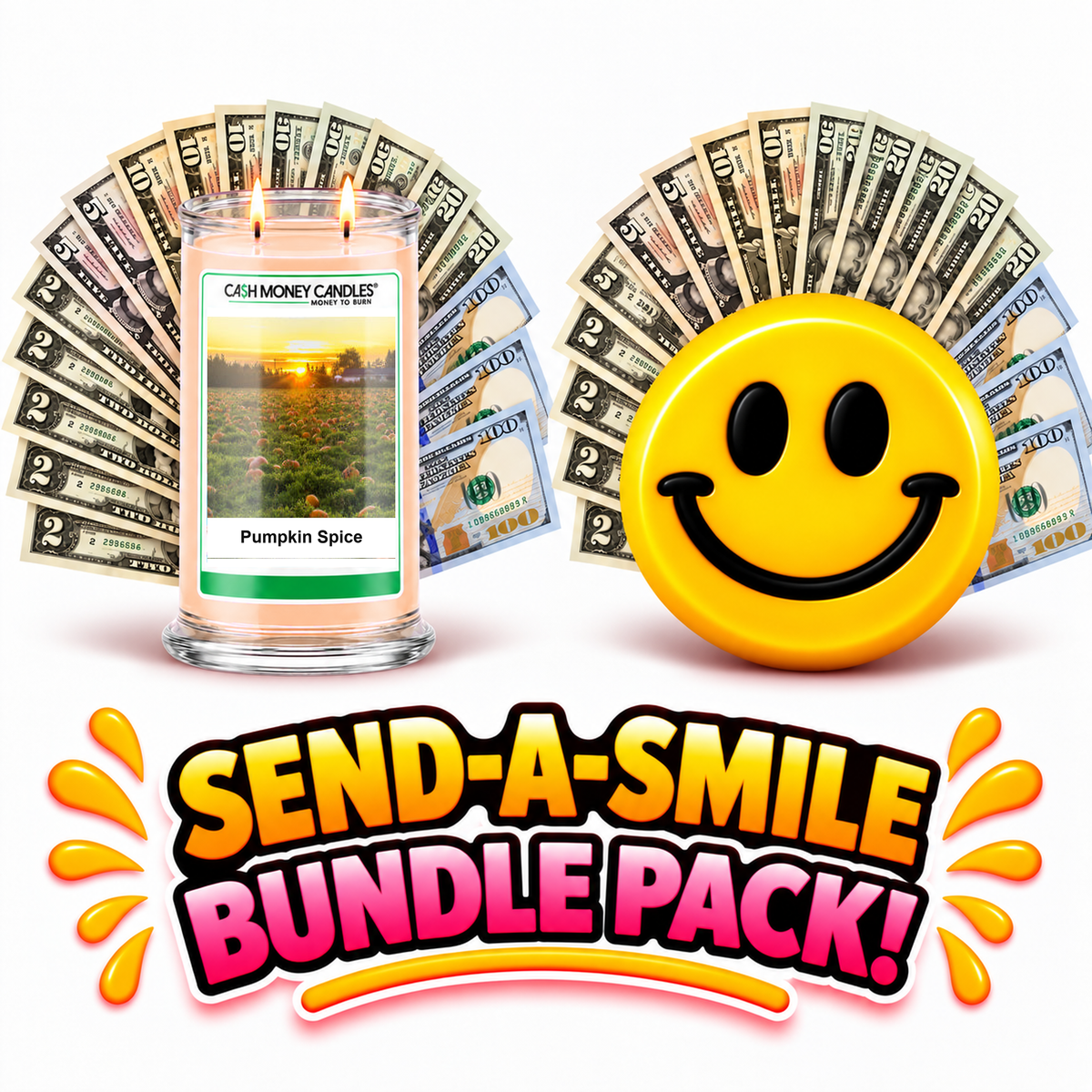 Send-A-Smile giant smiley cash wax melt paired with Pumpkin Spice Cash Money Candle