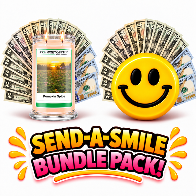 Send-A-Smile giant smiley cash wax melt paired with Pumpkin Spice Cash Money Candle