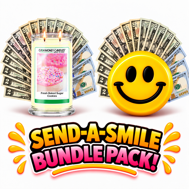 Send-A-Smile giant smiley cash wax melt paired with Fresh Baked Sugar Cookies Cash Money Candle