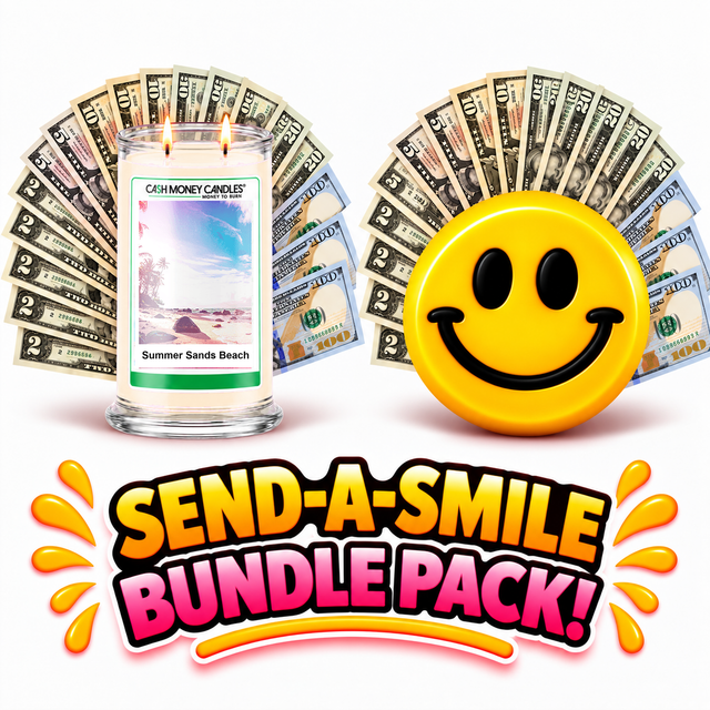 Send-A-Smile giant smiley cash wax melt paired with Summer Sands Beach Cash Money Candle