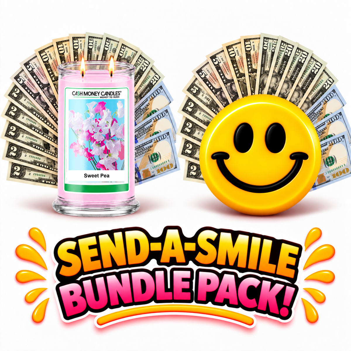 Send-A-Smile giant smiley cash wax melt paired with Sweet Pea Cash Money Candle