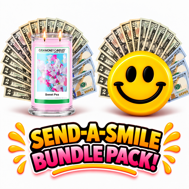 Send-A-Smile giant smiley cash wax melt paired with Sweet Pea Cash Money Candle