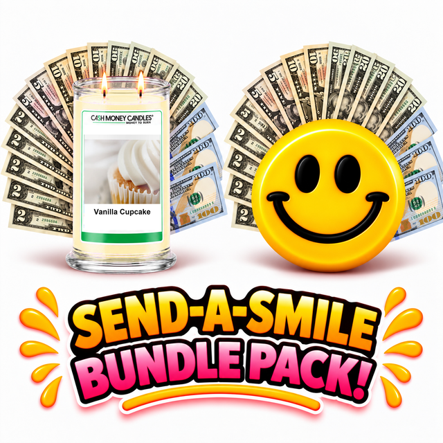 Send-A-Smile giant smiley cash wax melt paired with Vanilla Cupcake Cash Candle