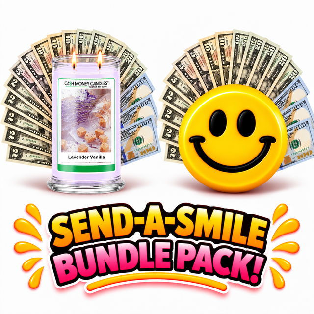 Send-A-Smile giant smiley cash wax melt paired with Lavender Vanilla Cash Money Candle