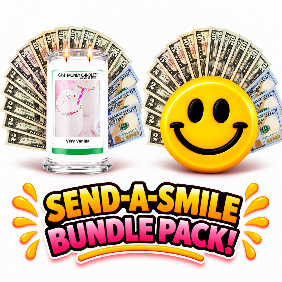 Send-A-Smile giant smiley cash wax melt paired with Very Vanilla Cash Money Candle