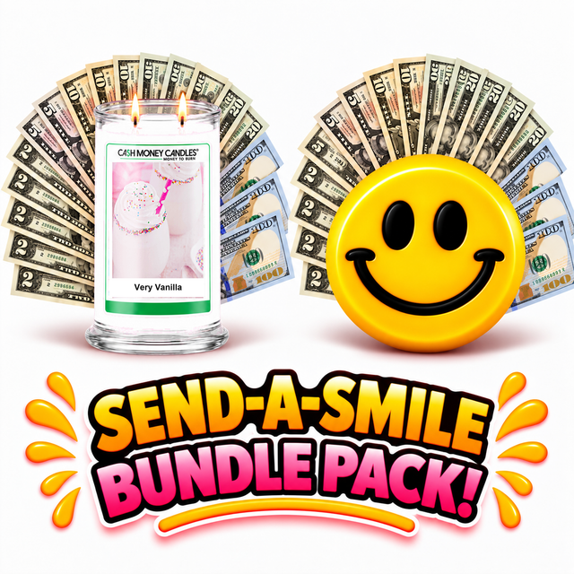 Send-A-Smile giant smiley cash wax melt paired with Very Vanilla Cash Money Candle