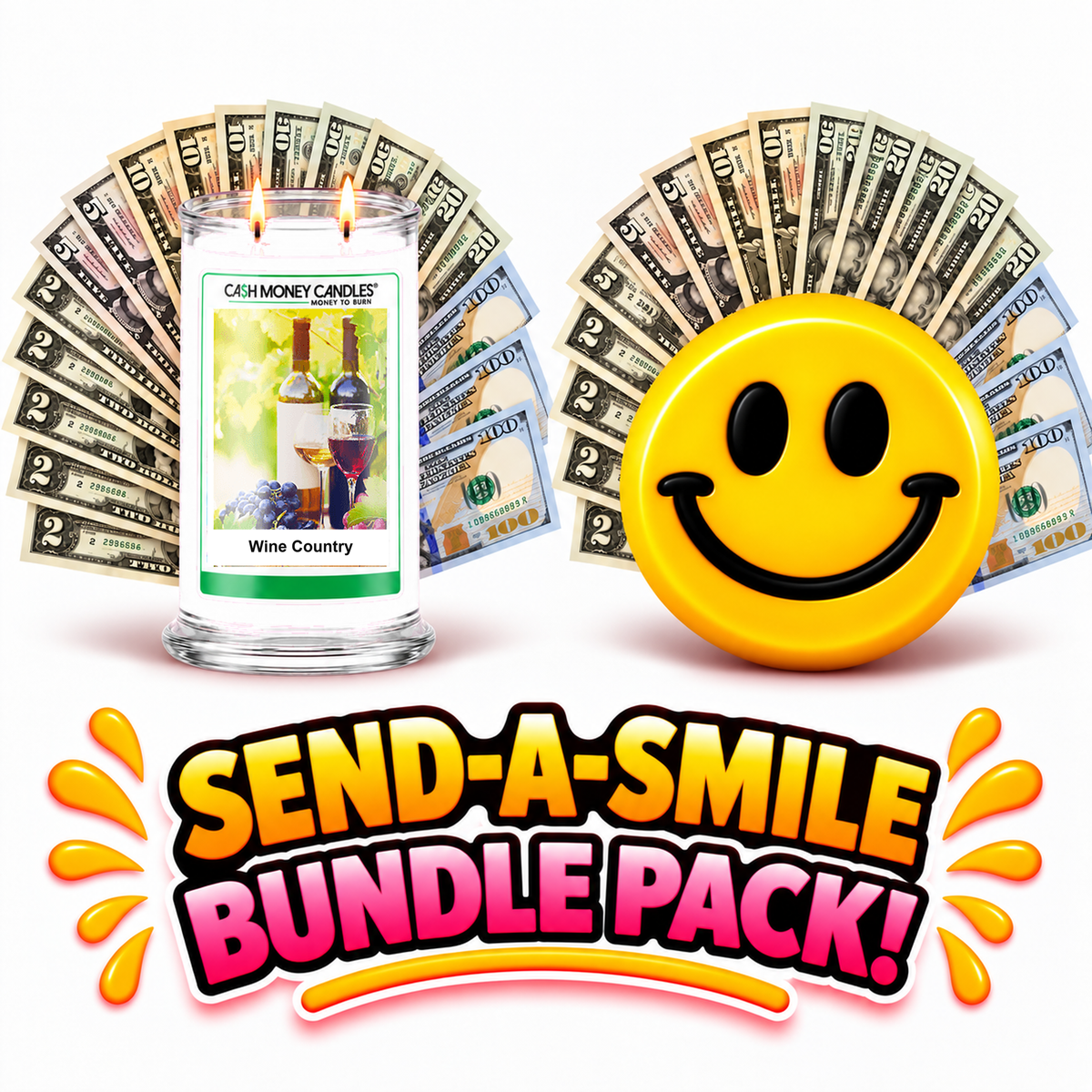 Send-A-Smile giant smiley cash wax melt paired with Wine Country Cash Money Candle