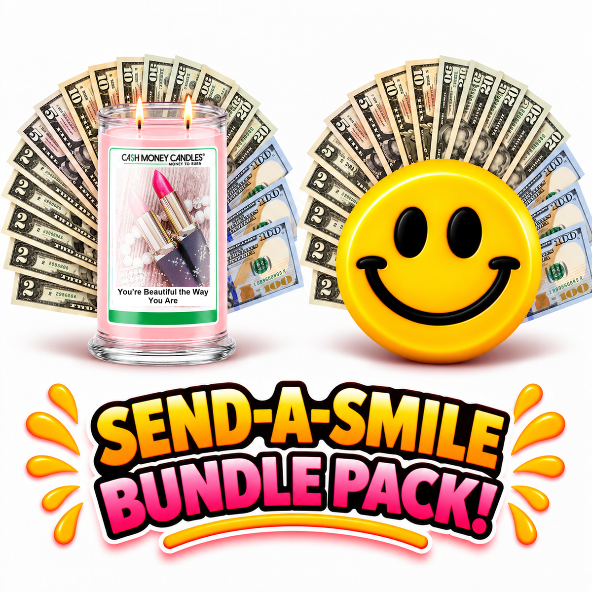Send-A-Smile giant smiley cash wax melt paired with You're Beautiful The Way You Are Cash Money Candle