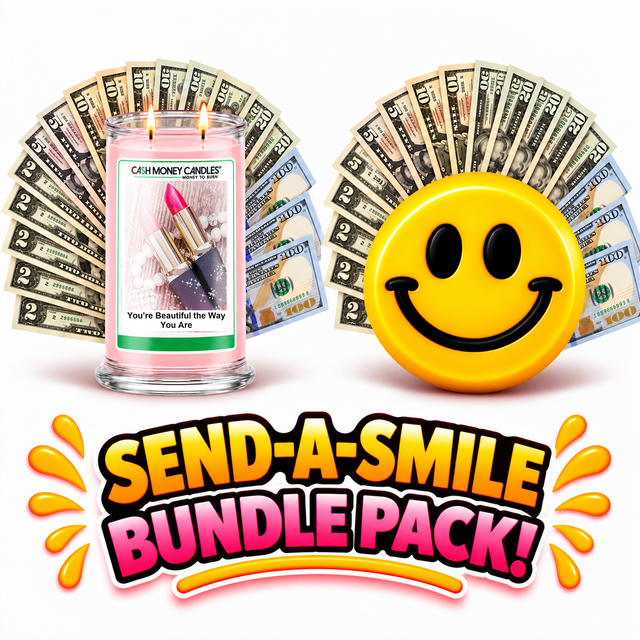 Send-A-Smile giant smiley cash wax melt paired with You're Beautiful The Way You Are Cash Money Candle
