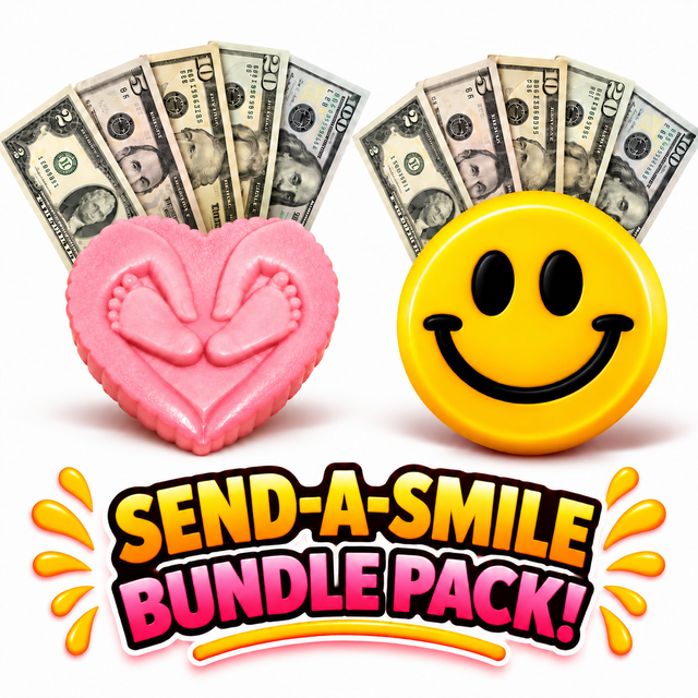 Mother’s Love heart-shaped cash wax melt with baby feet and Send-A-Smile giant smiley wax melt bundle