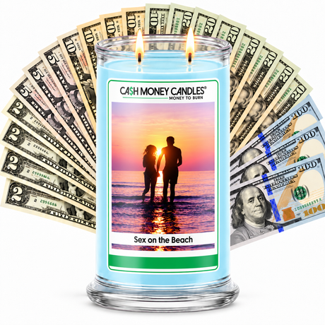 Sex on The Beach Cash Candle with two lit wicks and a fan of cash
