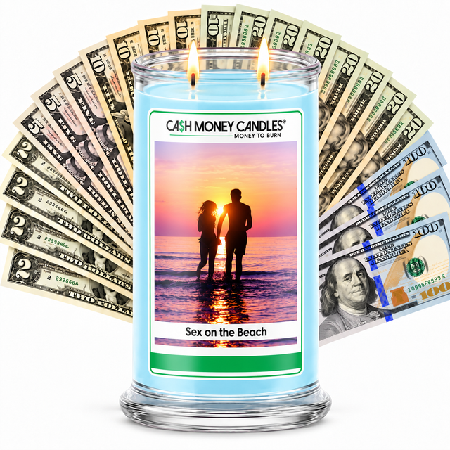Sex on The Beach Cash Candle with two lit wicks and a fan of cash