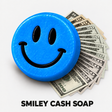 Blue Smiley Cash goat milk soap with a fan of cash