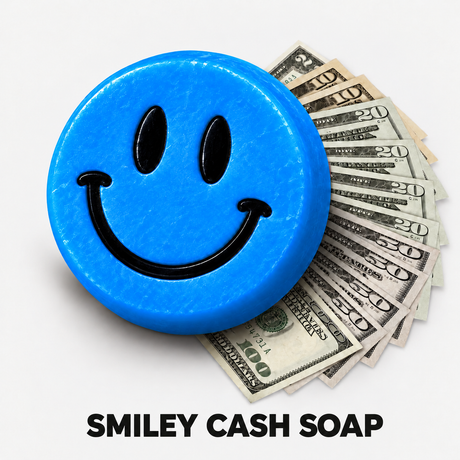 Blue Smiley Cash goat milk soap with a fan of cash